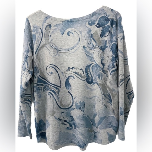 Chico’s 2 L Gray Blue Scroll Floral Print Long Sleeve Lightweight Knit Top - Picture 4 of 12